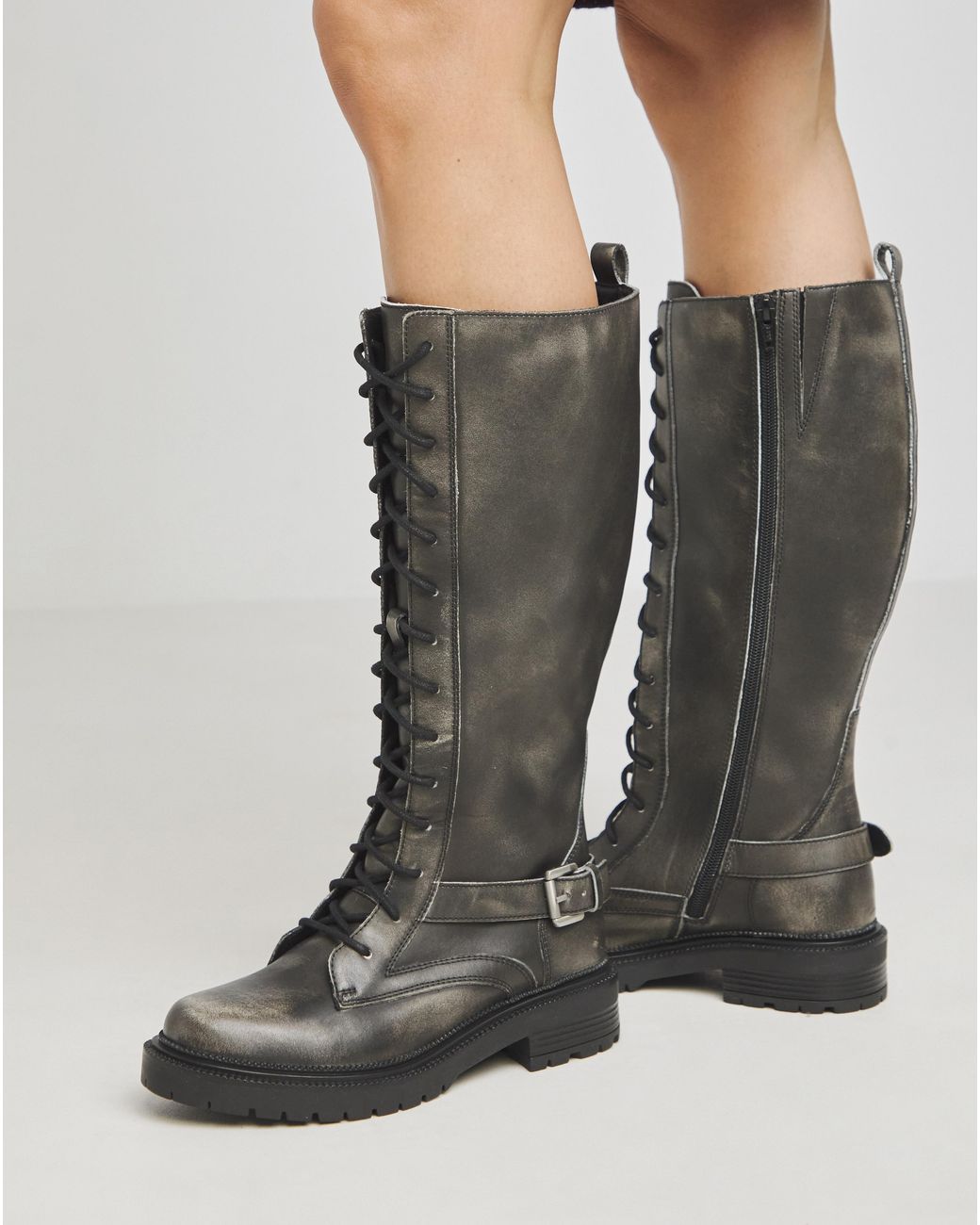Simply Be Gray Knee High Lace Up Utility Boots Ex Wide