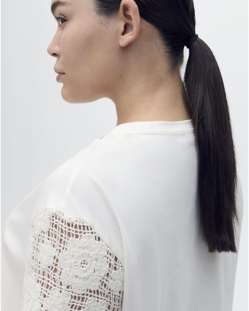 Mango White Crochet Sleeve Cotton T-Shirt