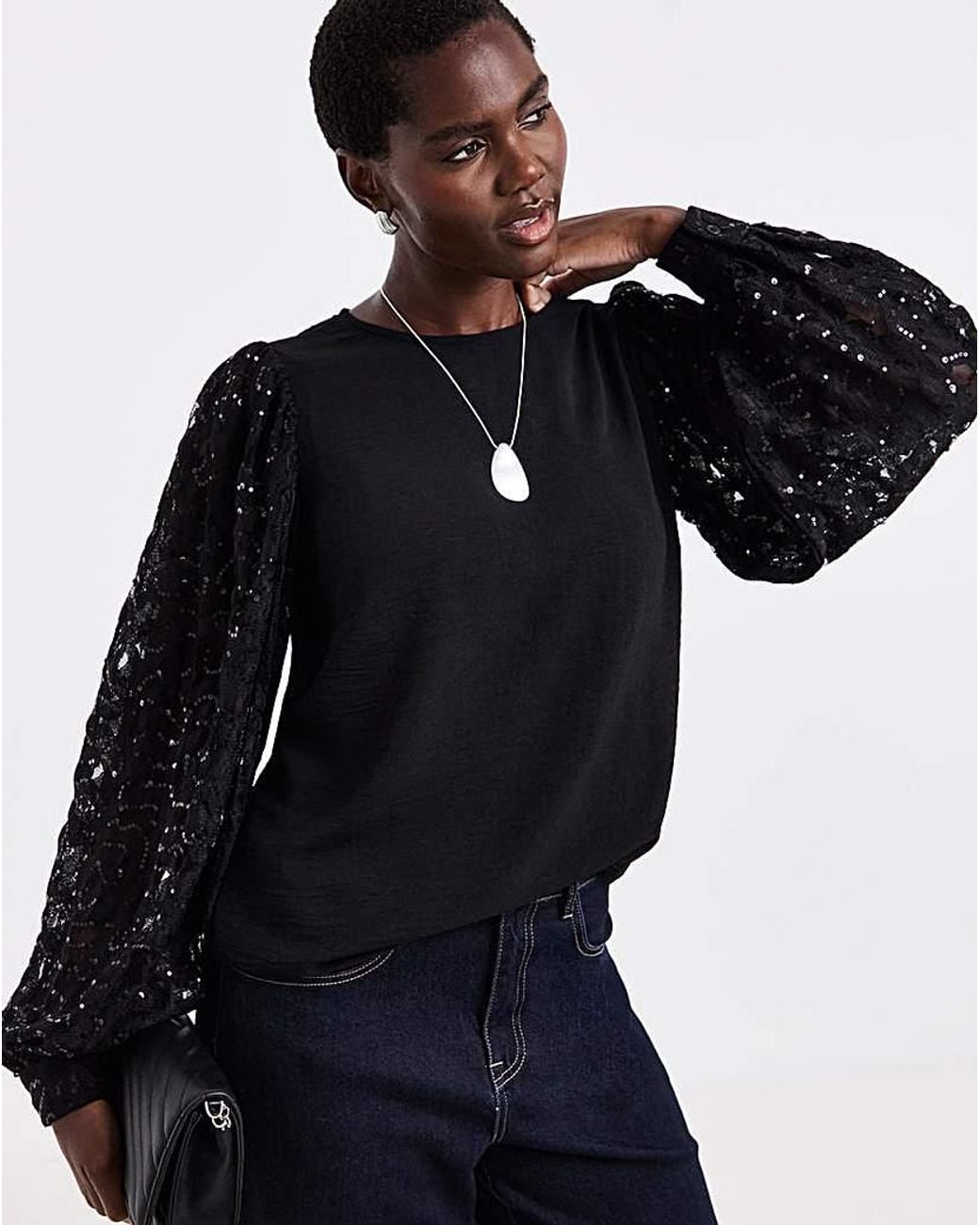 JD Williams Blue Sequin Lace Sleeve Top