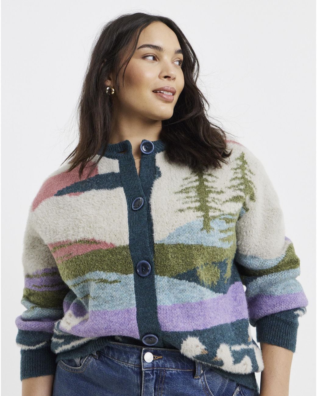 Simply Be Gray Landscape Crew Neck Cardigan