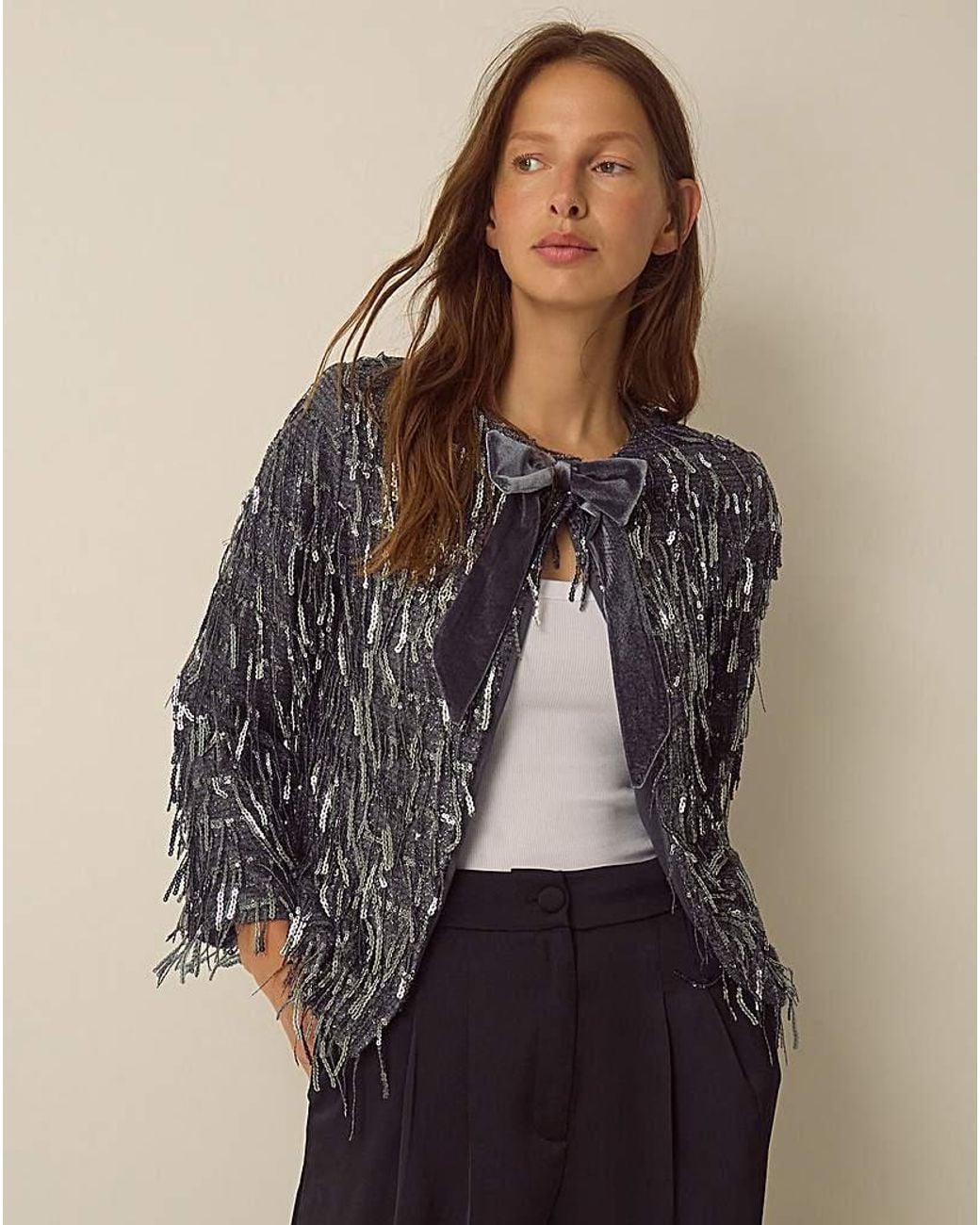 Monsoon Gray Sabia Velvet Bow Sequin Jacket