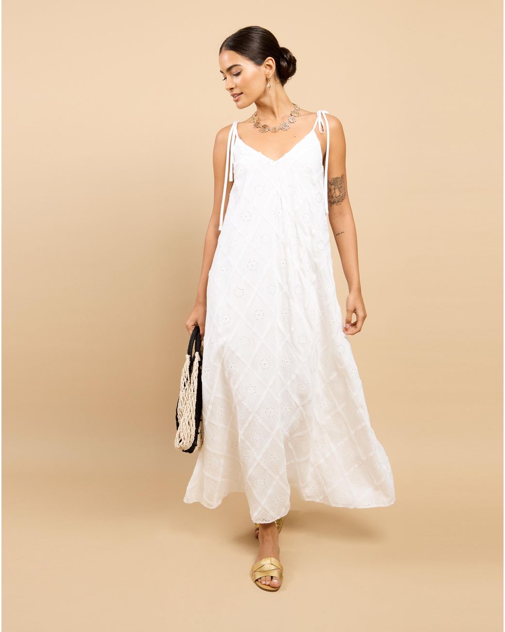 Little Mistress Natural Lm Embroidery Tie Maxi