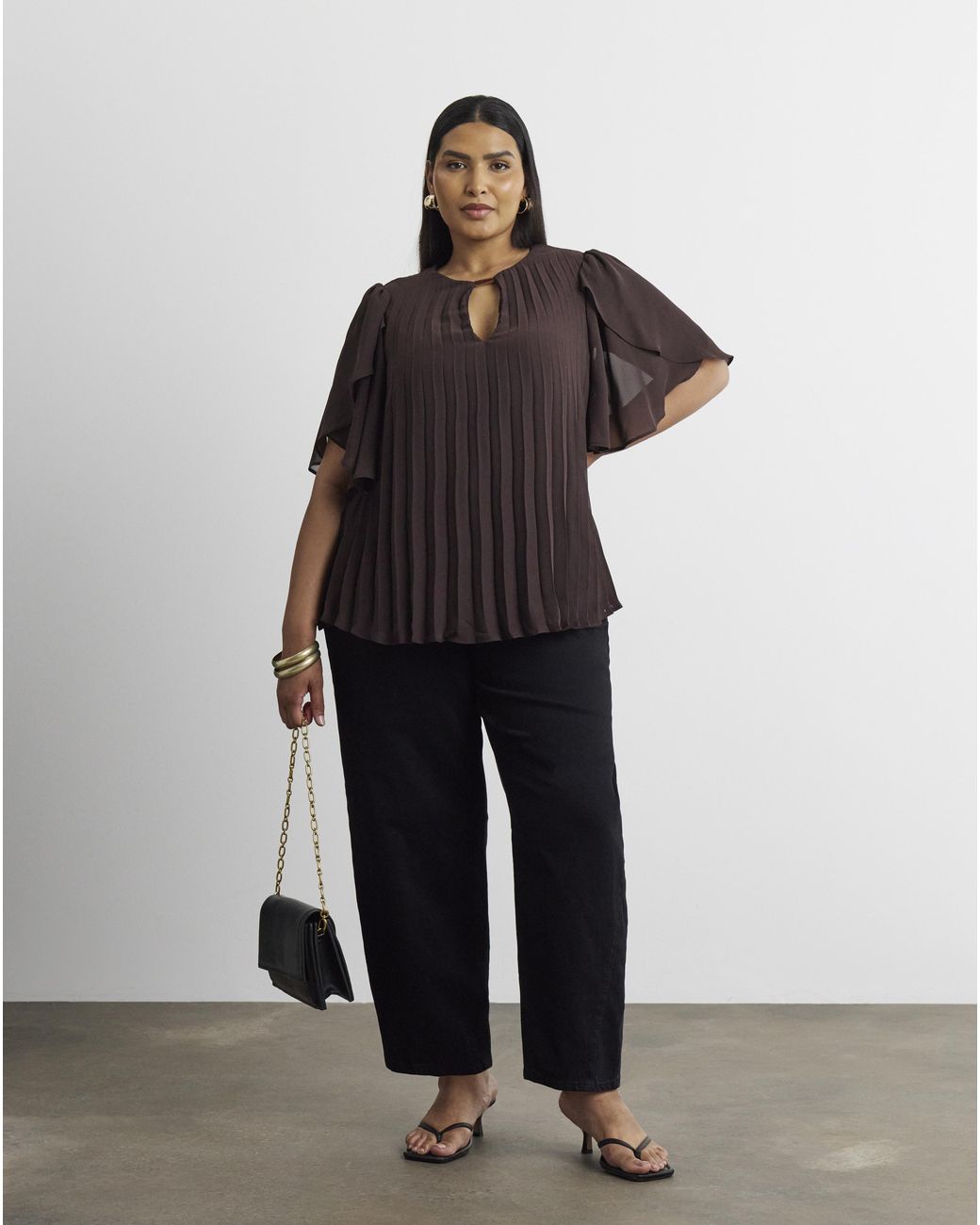 Joanna Hope Brown Pleated Keyhole Blouse