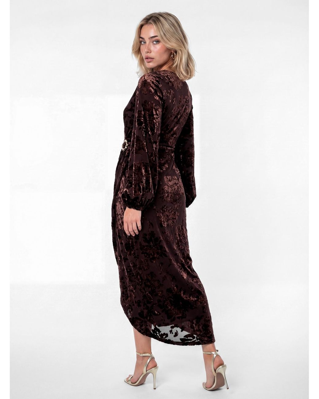 Lovedrobe Brown Velvet Faux Wrap Midaxi Dress