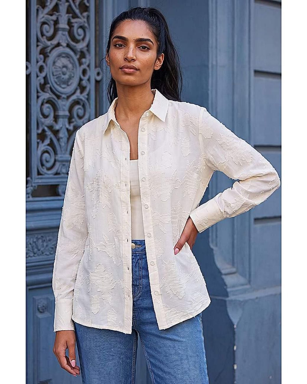 Roman Blue Roman Floral Textured Collared Shirt