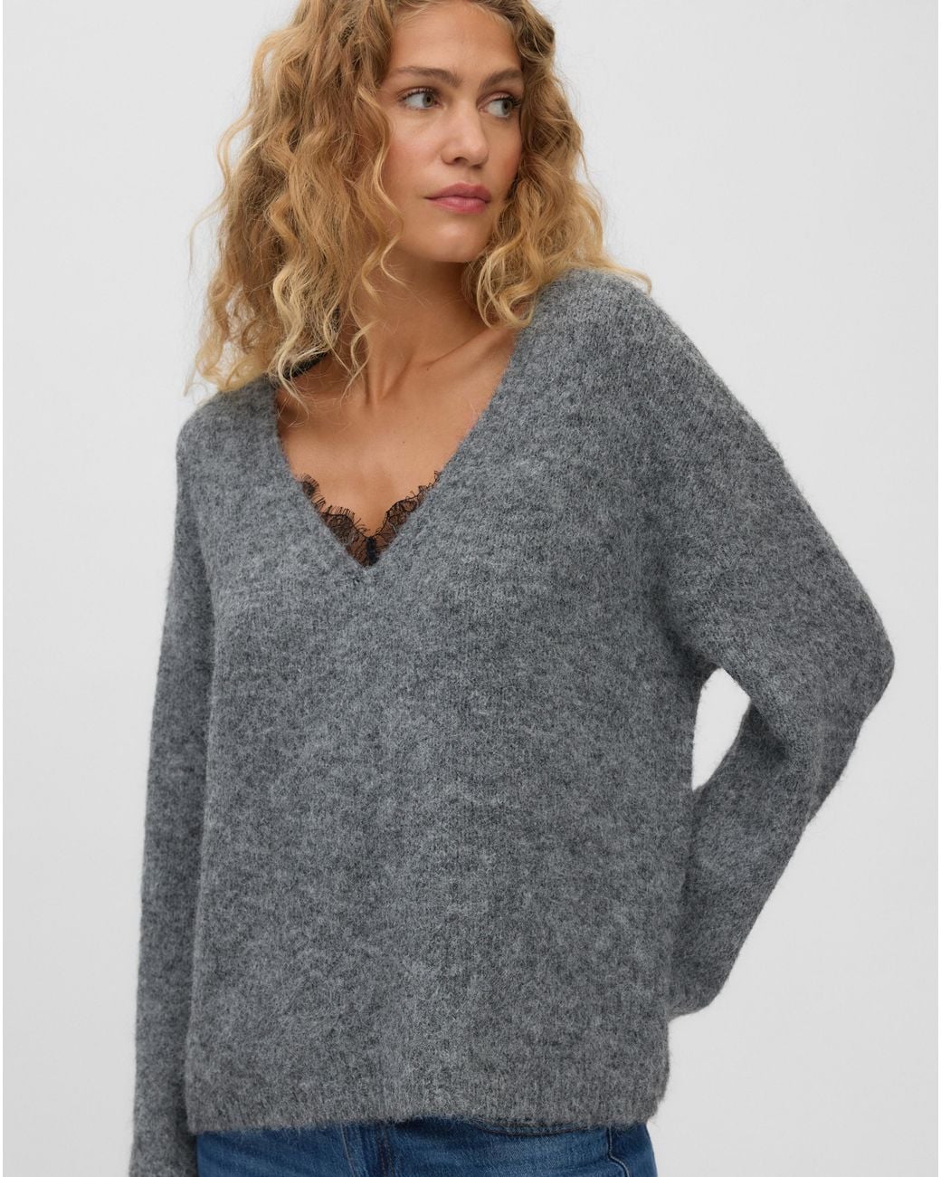 Vero Moda Gray Berry Lace V-Neck Jumper