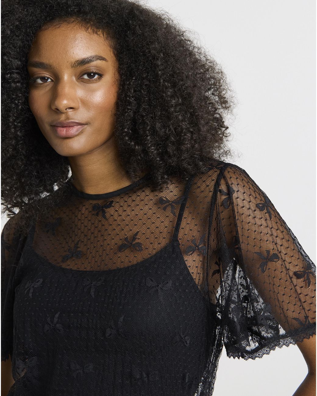 Simply Be Black Bow Print Lace Top