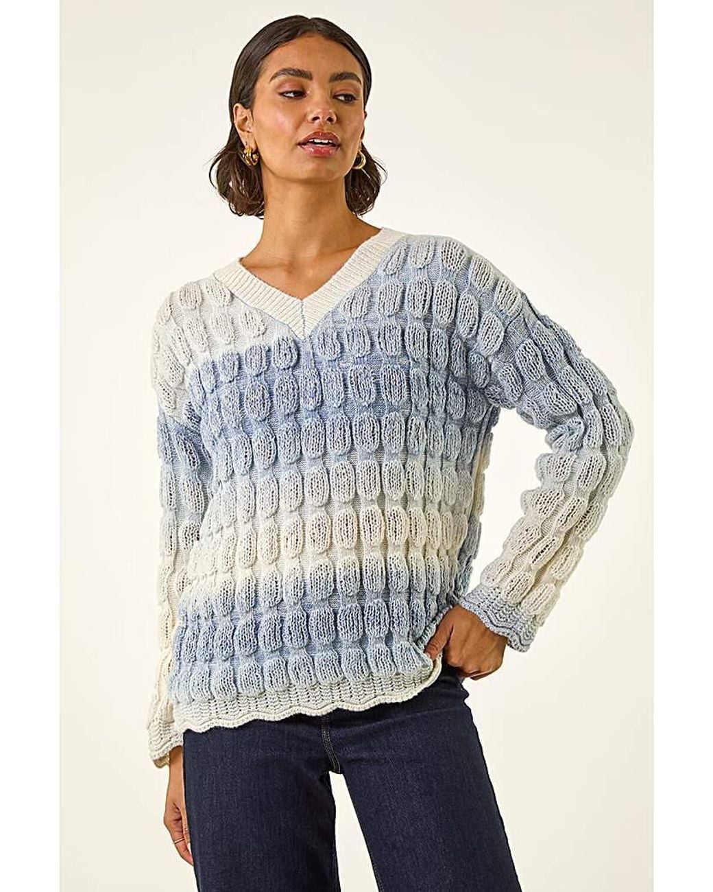 Roman Blue Roman Ombre Textured V-Neck Knit Jumper