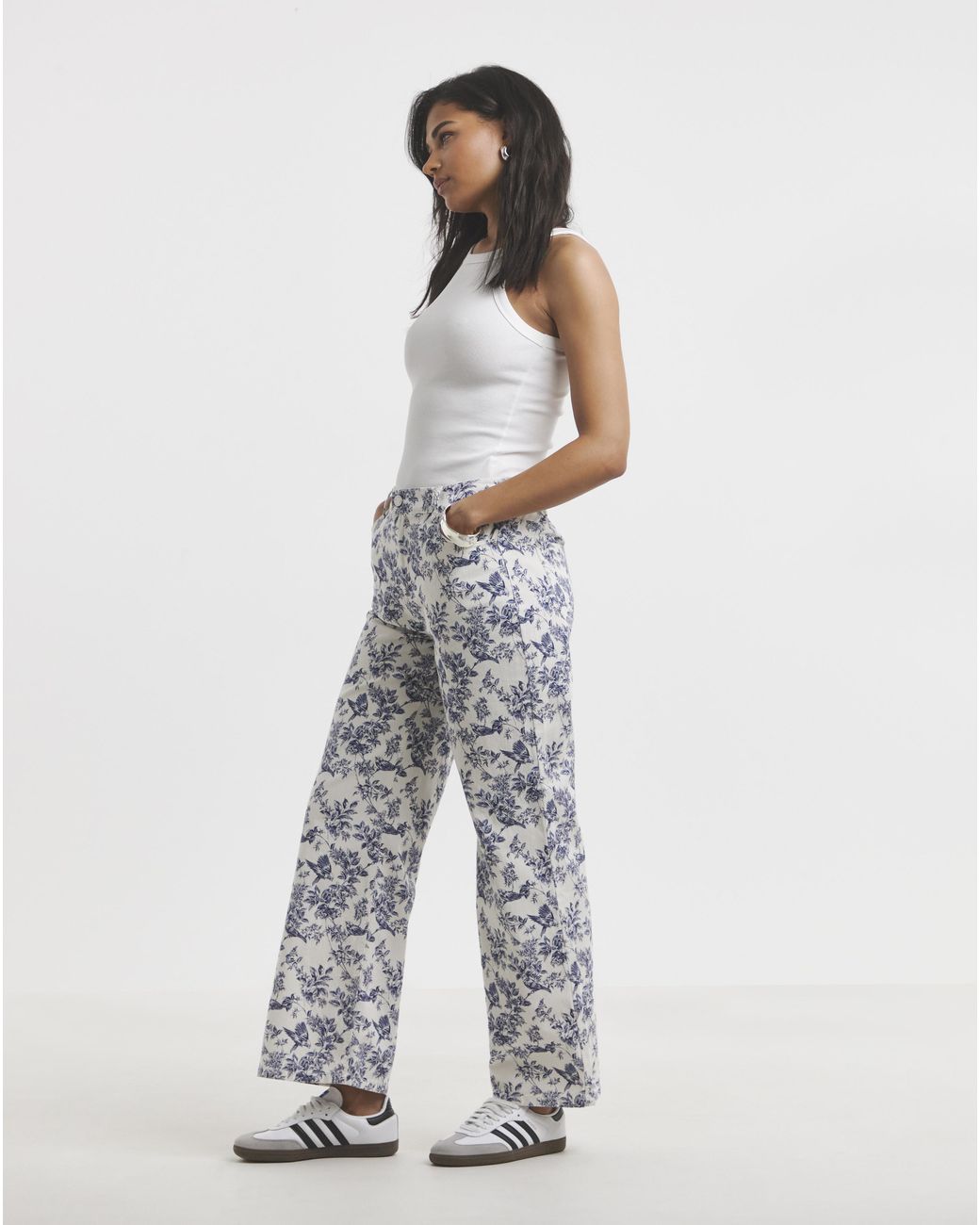 Simply Be White Floral Denim Wide Leg Jeans