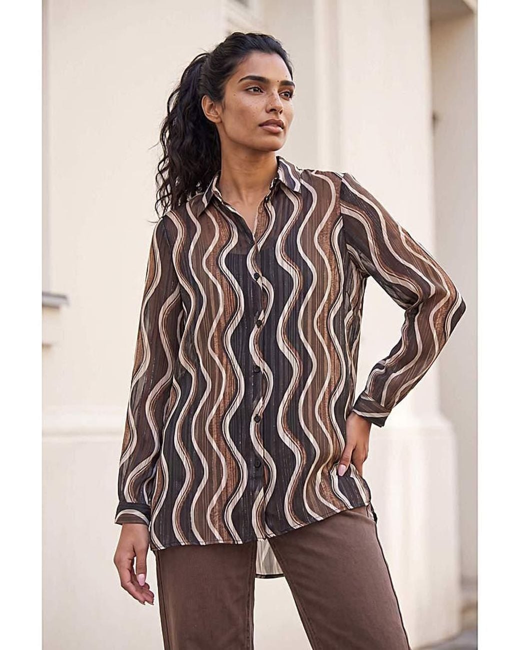 Roman Brown Roman Wave Print Satin Stripe Shirt