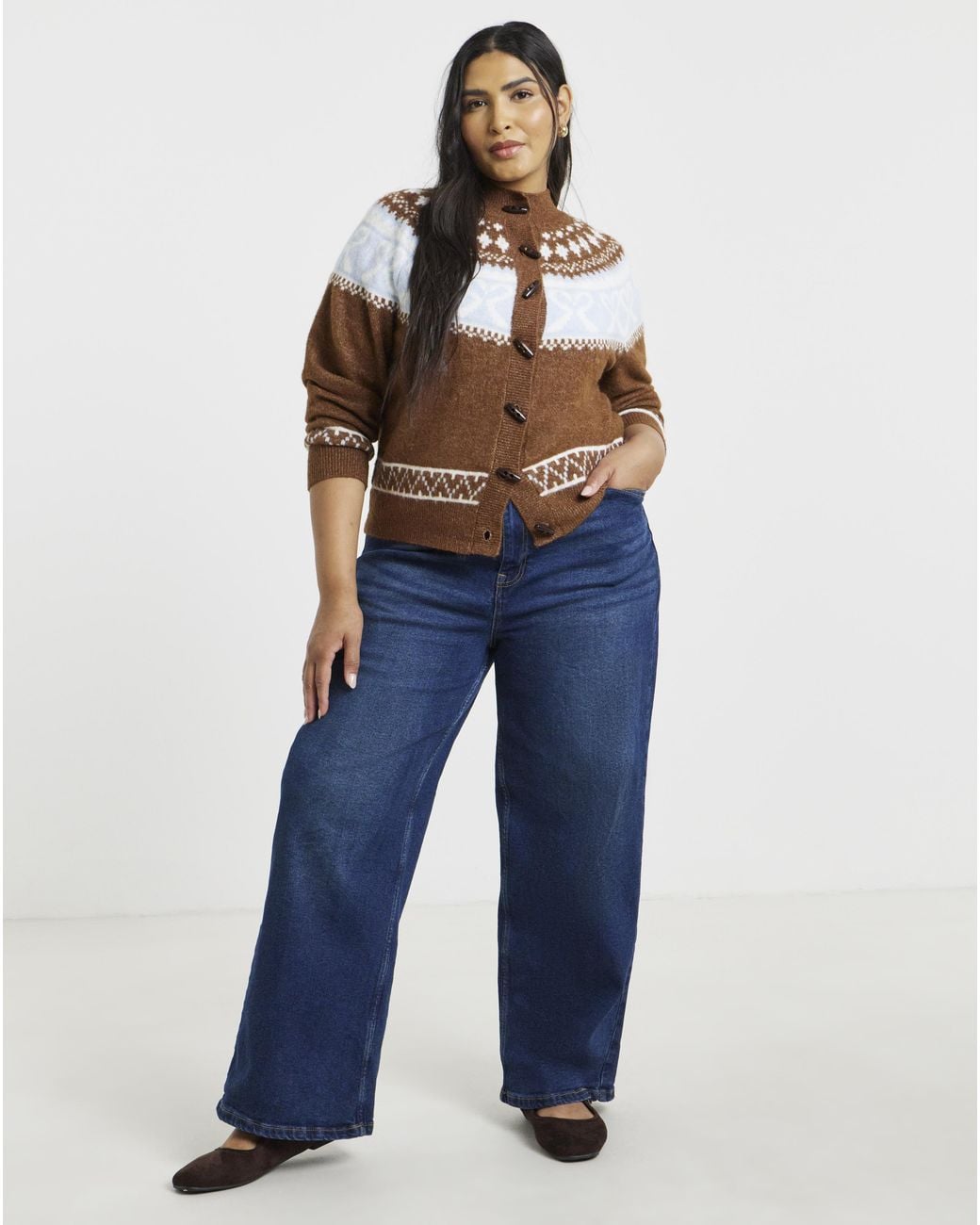 Simply Be Brown Fair Isle Crew Neck Cardigan
