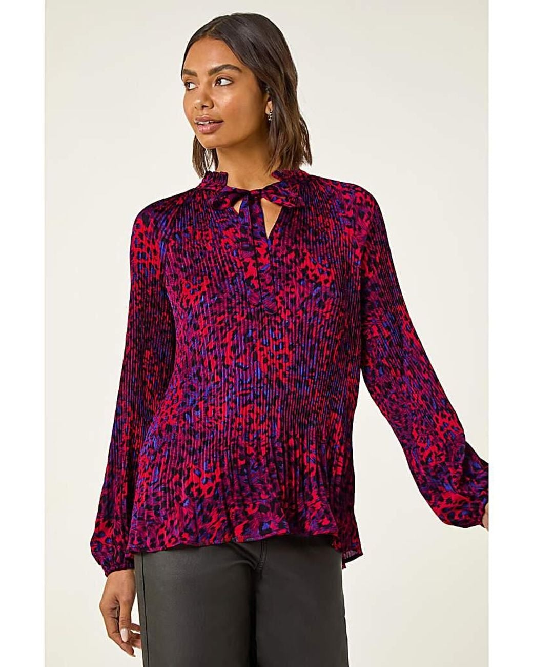 Roman Red Roman Animal Print Tie Neck Pleated Top