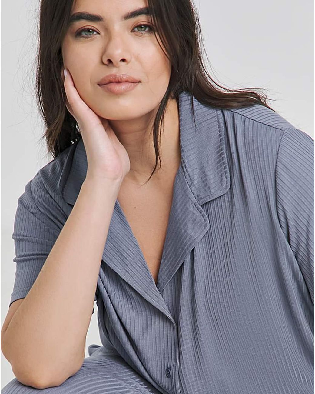 Simply Be Blue Brushed Modal Rib Button Through Pj Set