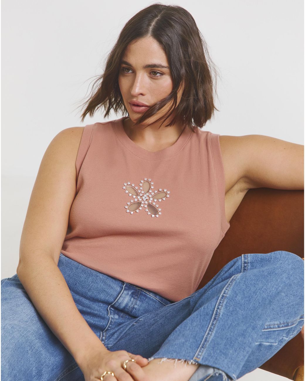 Simply Be Blue Flower Tank With Pearls