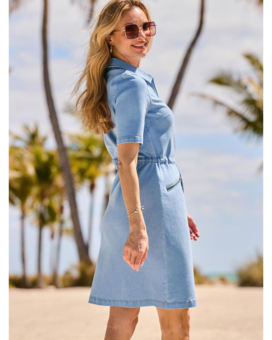 Sosandar Blue Zip Front A Line Denim Dress