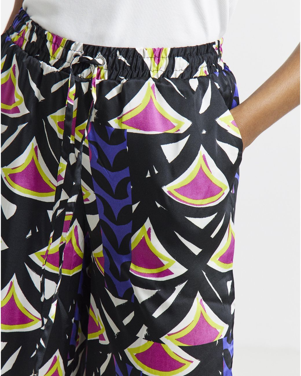 Simply Be Black Geo Print Satin Wide Leg Trousers