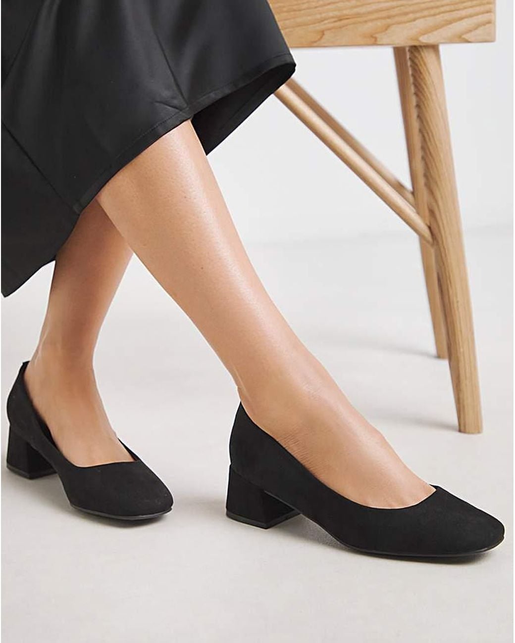Heavenly Soles Black Low Block Heel Court Shoes Wide