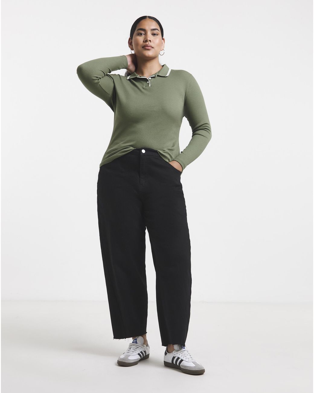 Simply Be Green Ls Rib Polo Neck With Contrast
