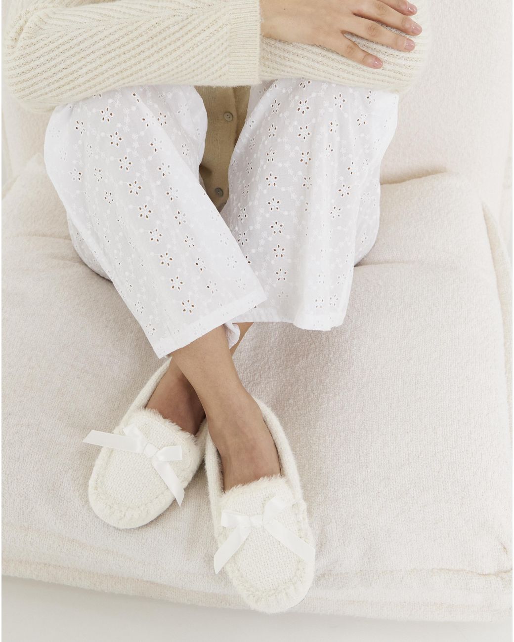 JD Williams Natural Knitted Full Slipper With Bow Ex Wide
