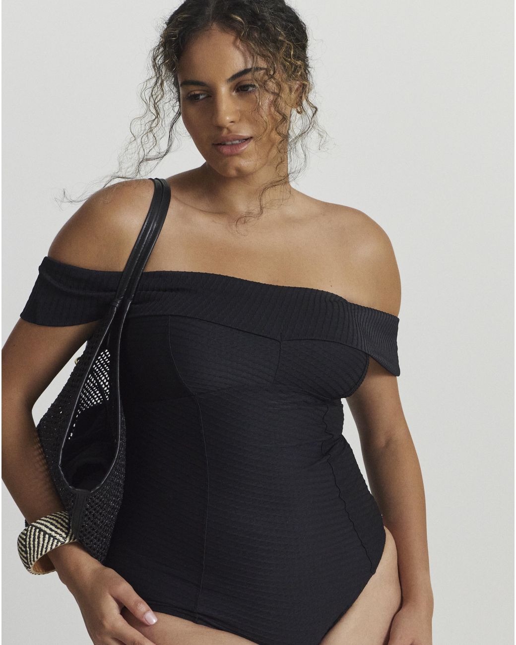Figleaves Blue Figleaves Icon Textured Bardot Swimsuit