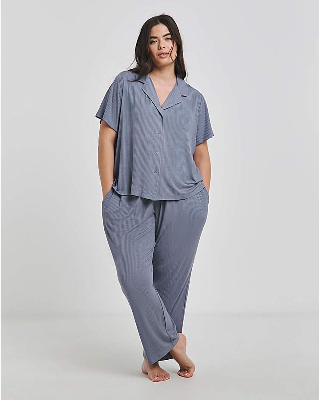 Simply Be Blue Brushed Modal Rib Button Through Pj Set