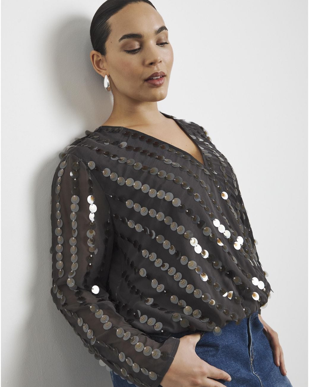 Joanna Hope Gray Sequin Bubble Hem Top