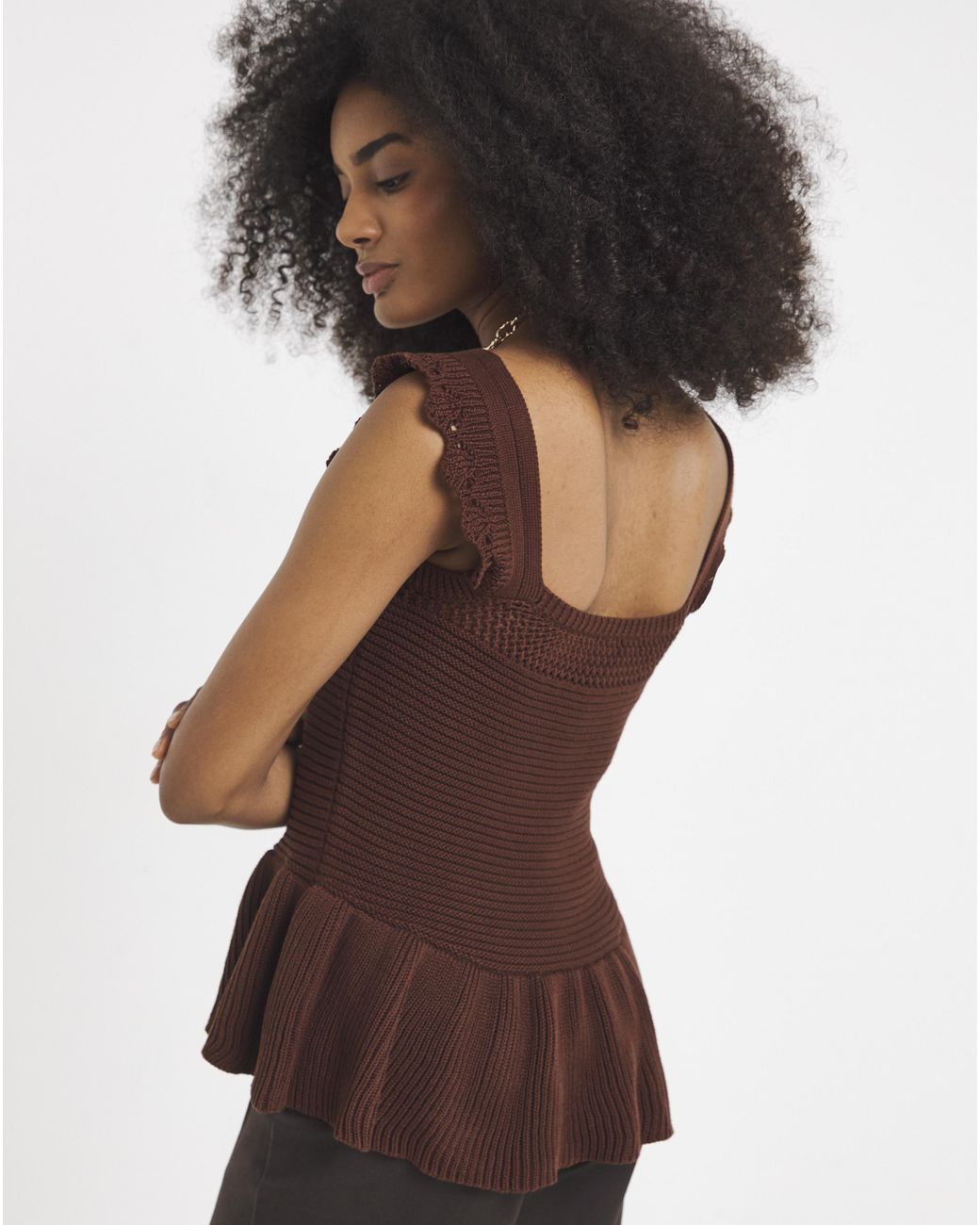 Simply Be Brown Crochet Square Neck Frill Top