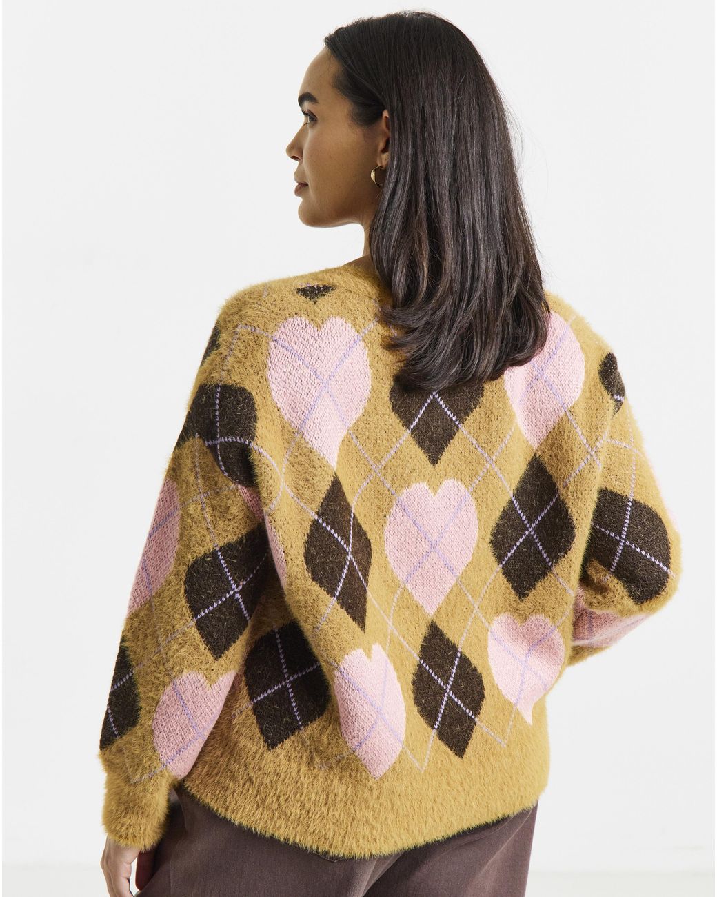 Simply Be Brown Heart Argyle Fluffy Cardigan