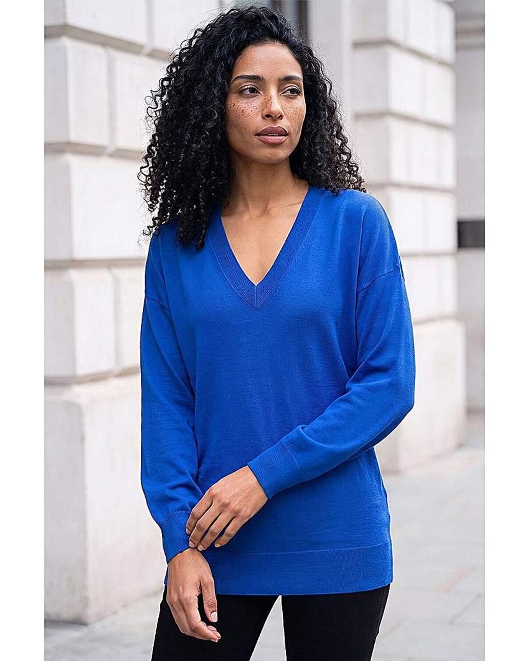 Roman Blue Roman V-Neck Stretch Longline Jumper