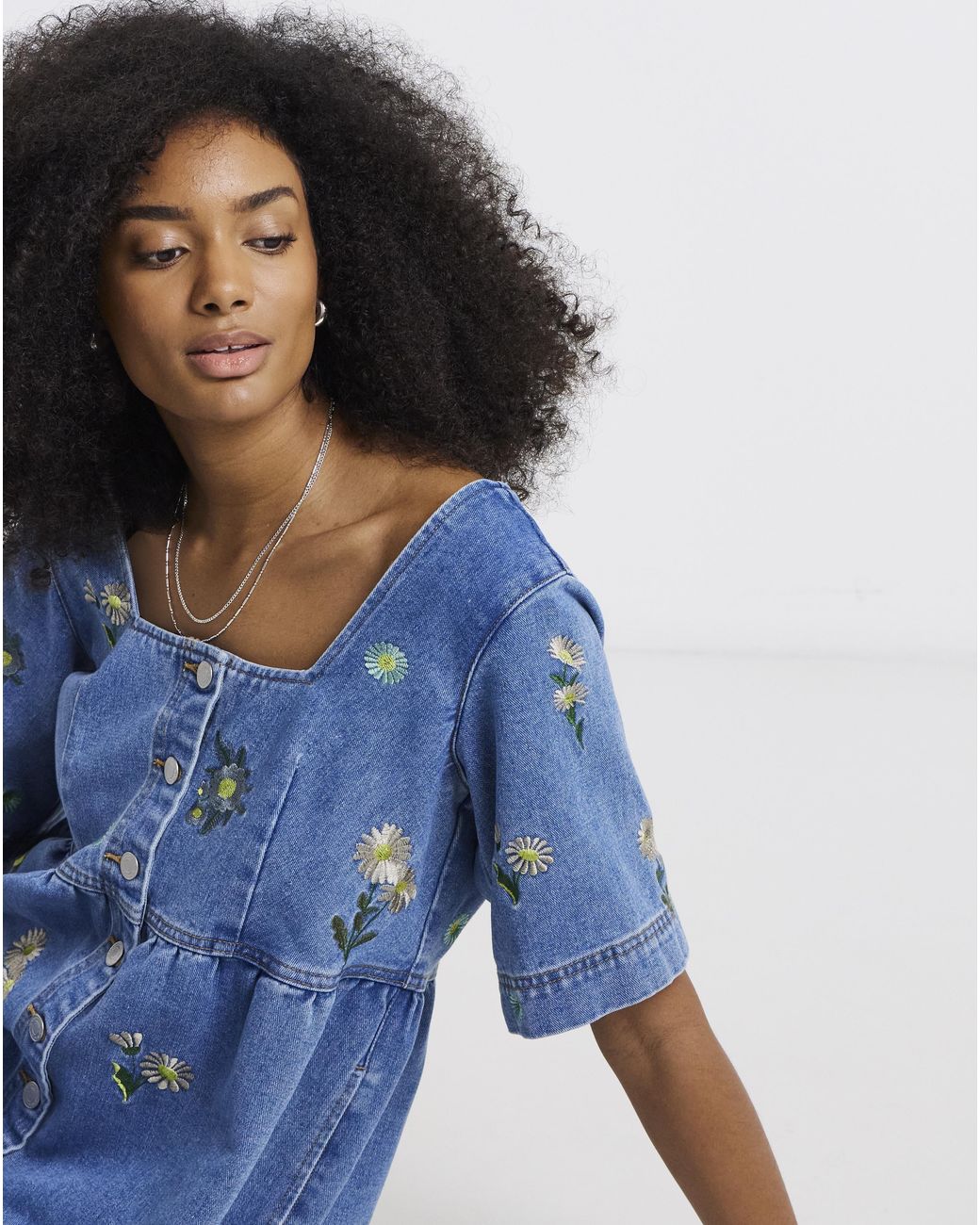Simply Be Blue Daisy Embroidered Denim Dress