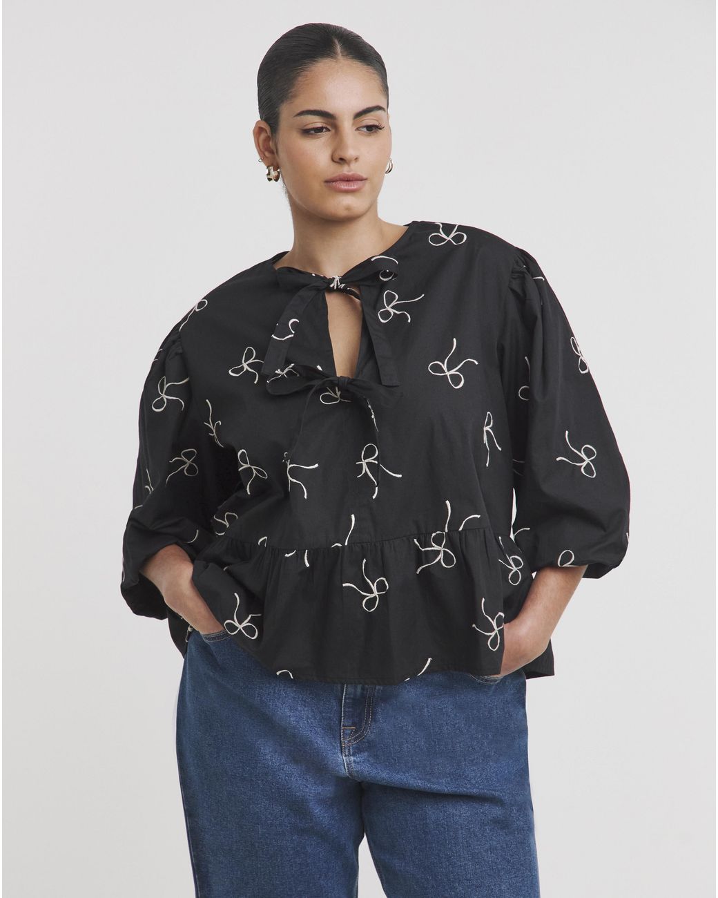 Simply Be Blue Embroidered Bow Front Blouse