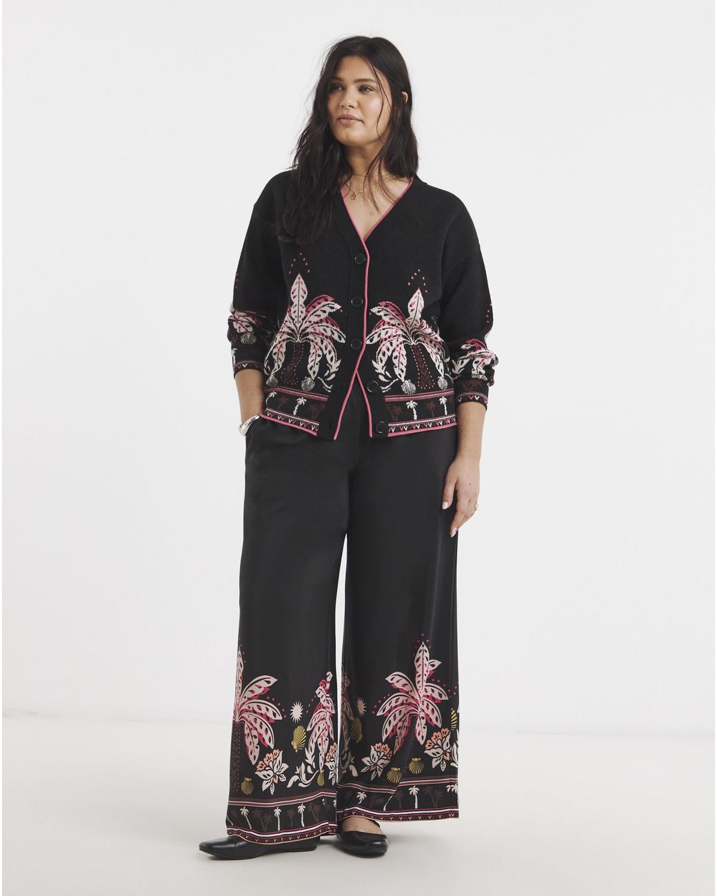 Simply Be Black Palm Printed Palazzo Trouser