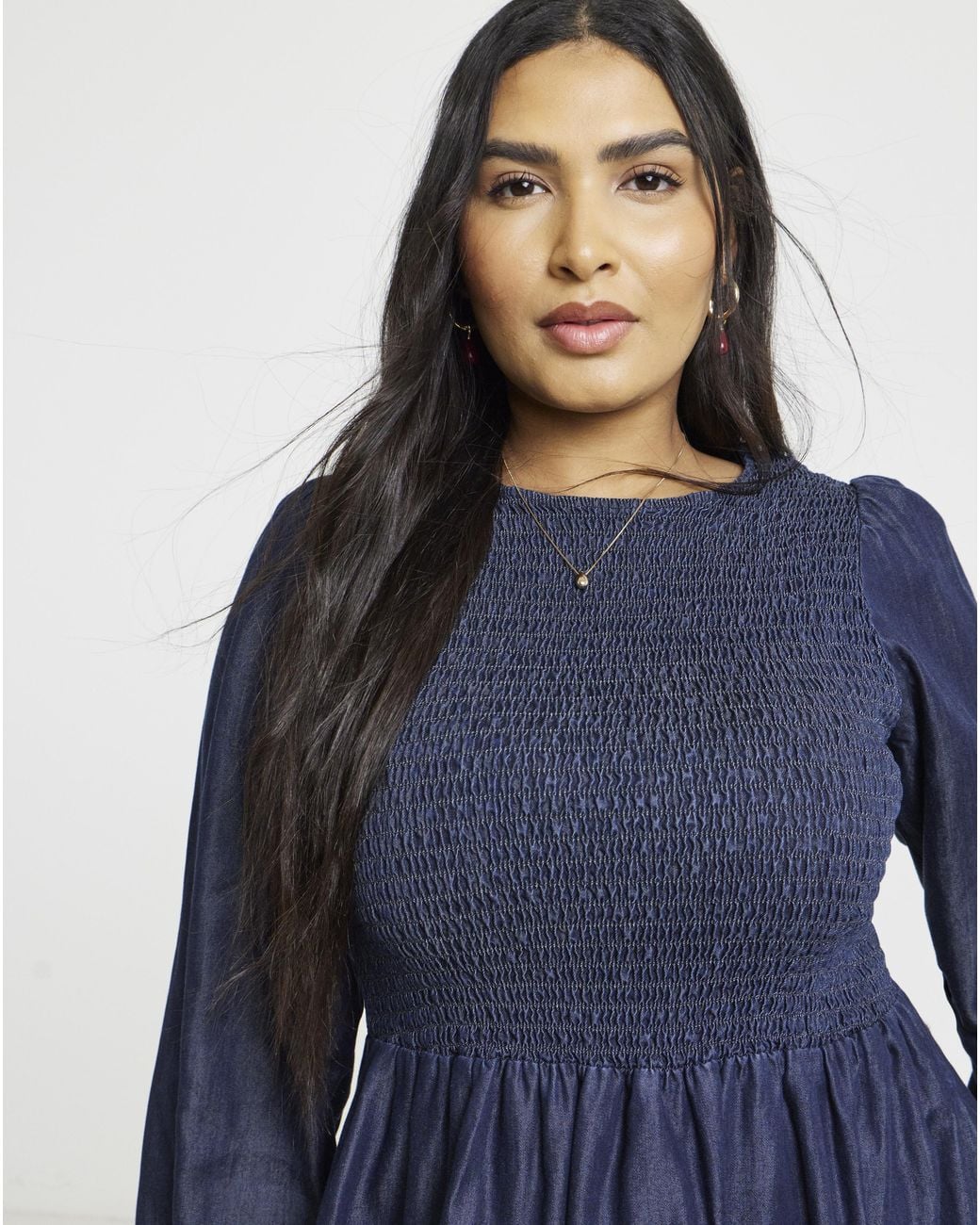 Simply Be Blue Long Sleeve Denim Shirred Midaxi Dress