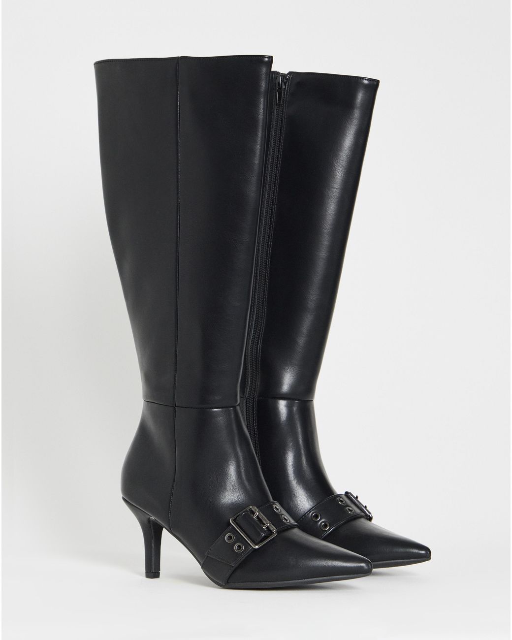 Simply Be Black Knee High Heeled Boots Strap Wide S