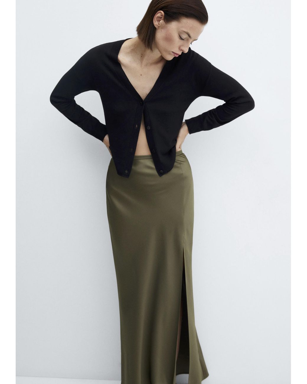 Mango Green Split Satin Maxi Skirt