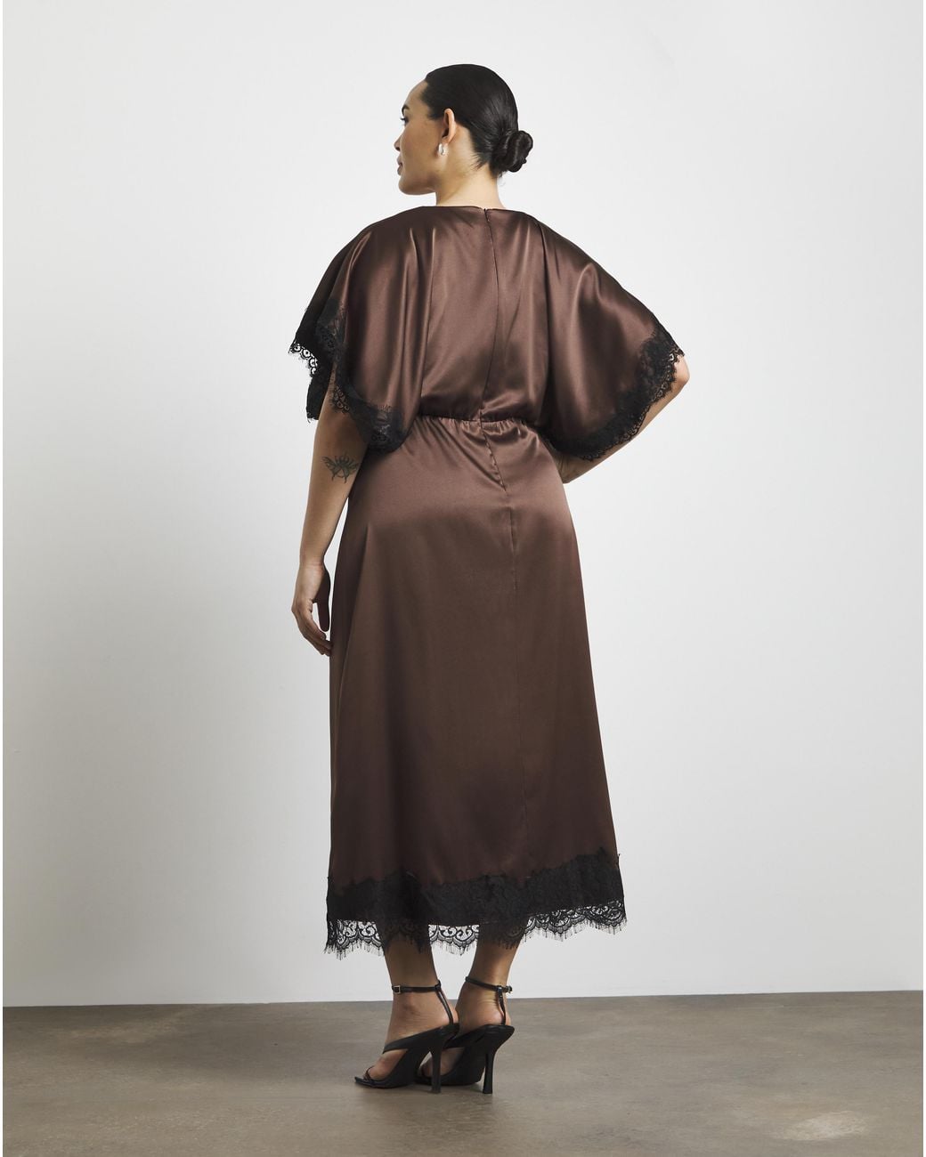 Joanna Hope Black Satin Lace Trim Midi Dress