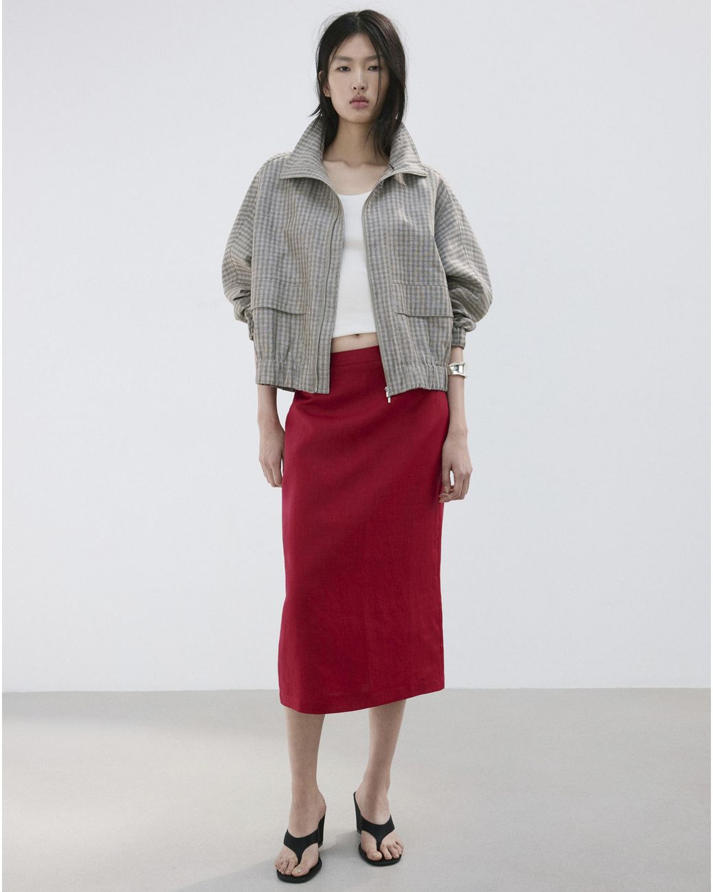 Mango Red Linen Midi Skirt