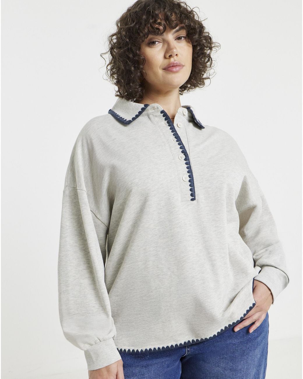 Simply Be Gray Whipstitch Ls Polo Sweat
