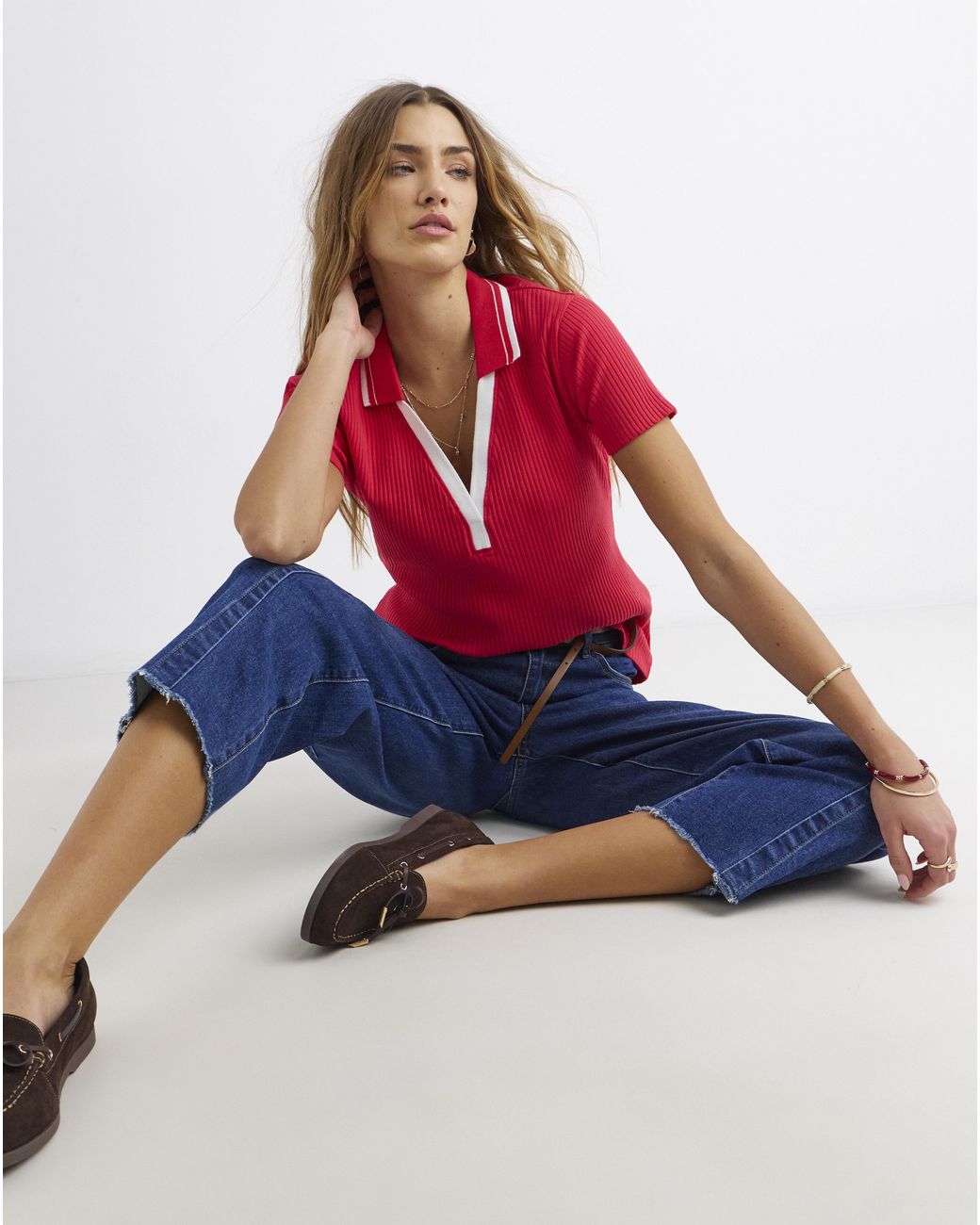 Simply Be Red Polo Collar Short Sleeve Top