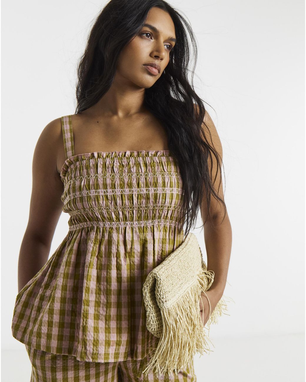 Simply Be Brown Gingham Shirred Detail Cami