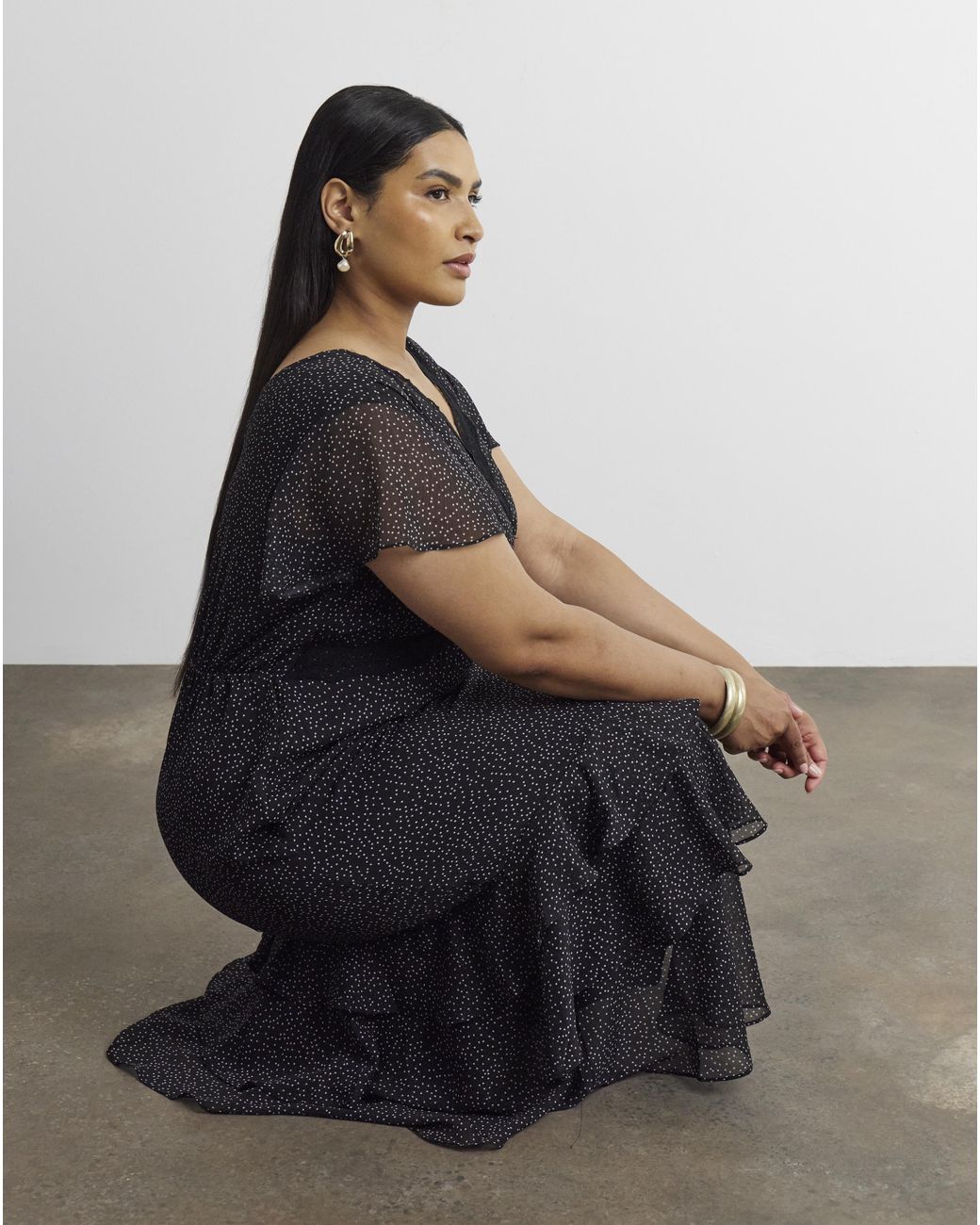 Joanna Hope Black Lace Trim Ruffle Midi Dress