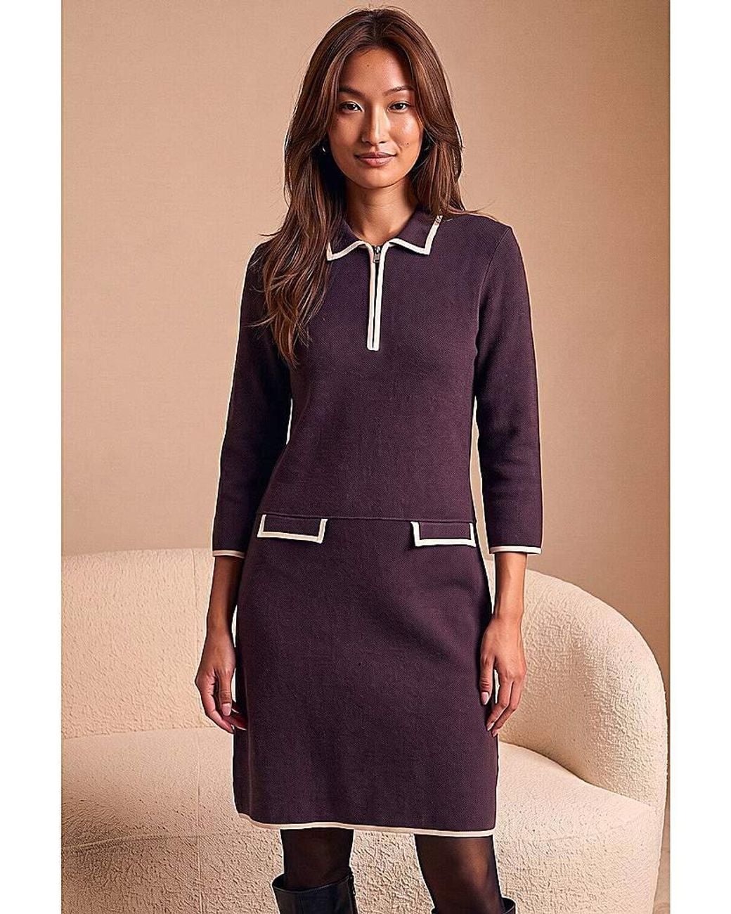 Roman Purple Roman Contrast Zip Collared Knit Dress