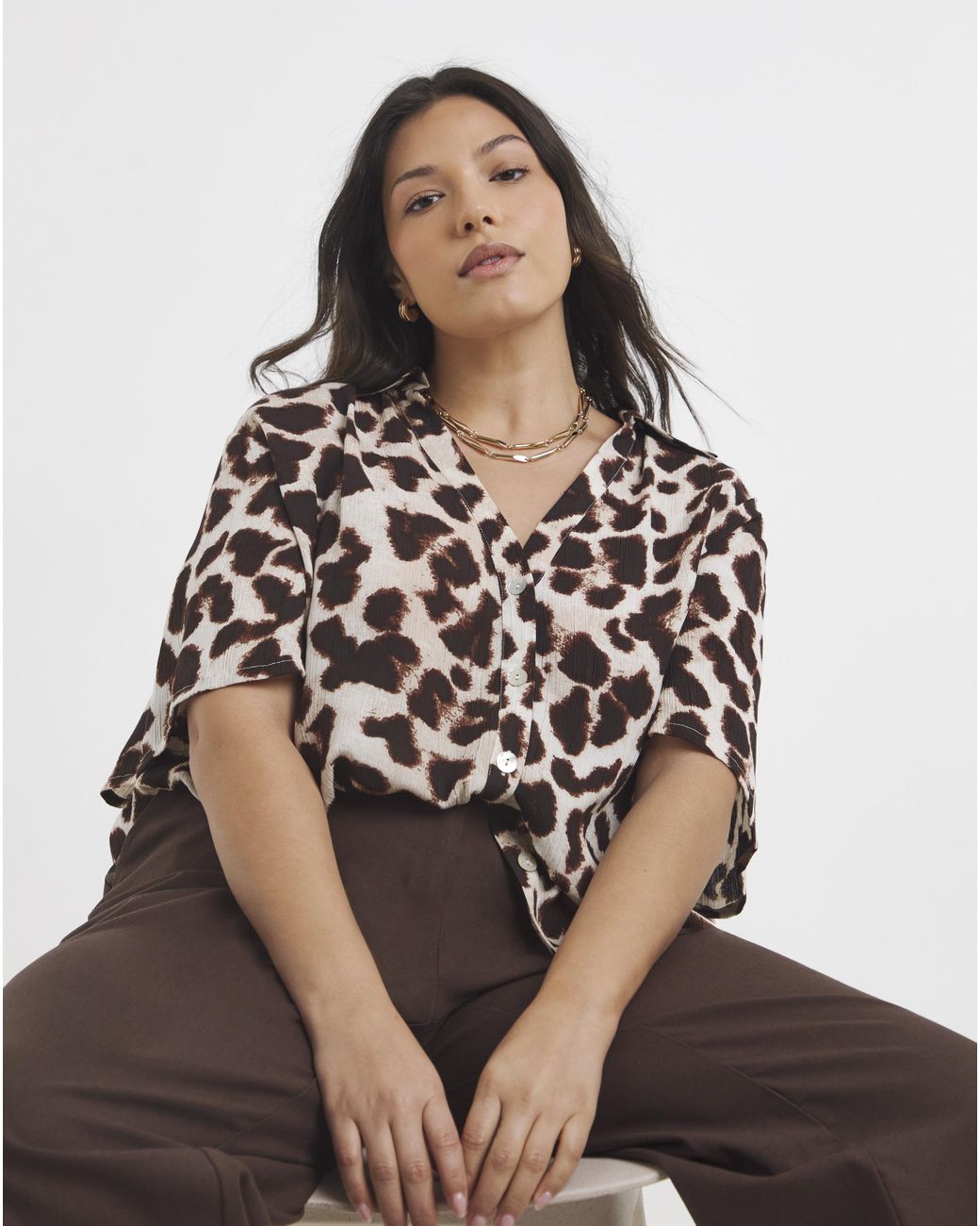 Simply Be Multicolor Leopard Print Crinkle Revere Shirt