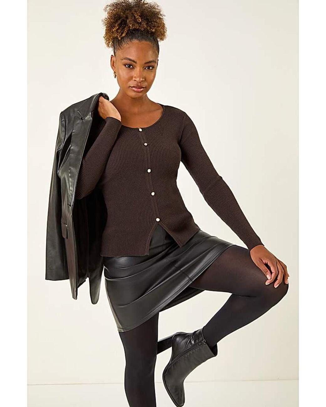 Roman Brown Roman Faux Pearl Ribbed Knit Jumper