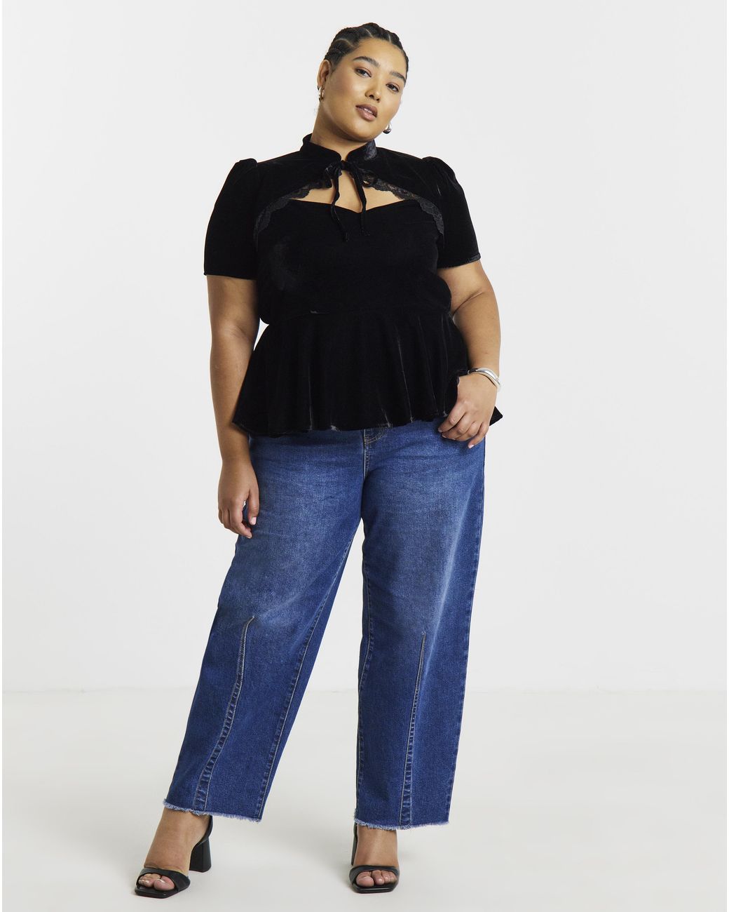 Simply Be Black Velvet Lace Trim Top