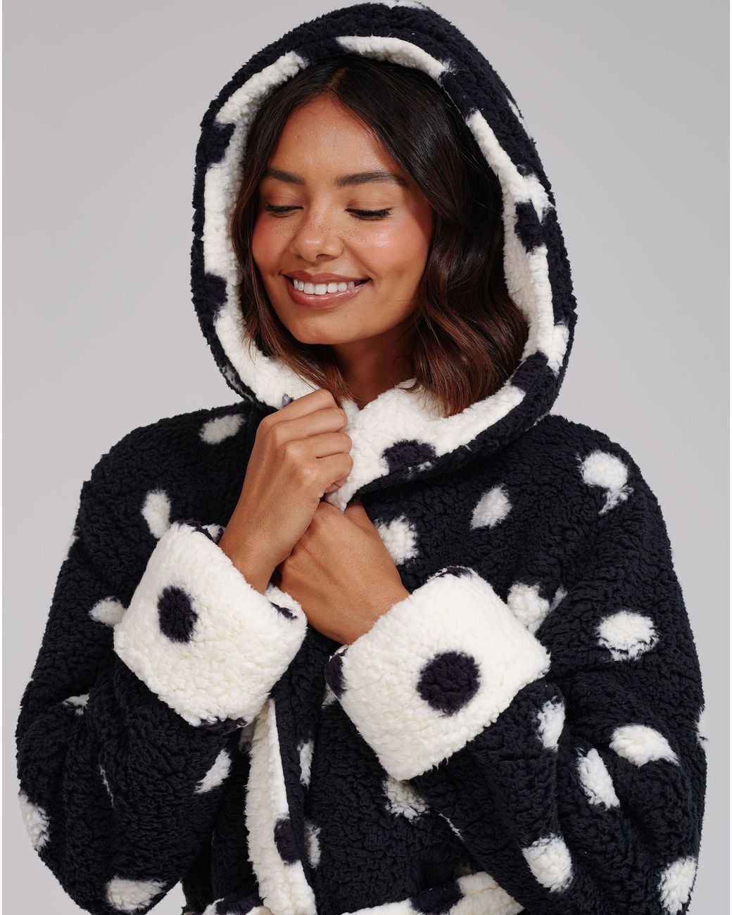 Loungeable Blue Polka Borg Midi Dressing Gown