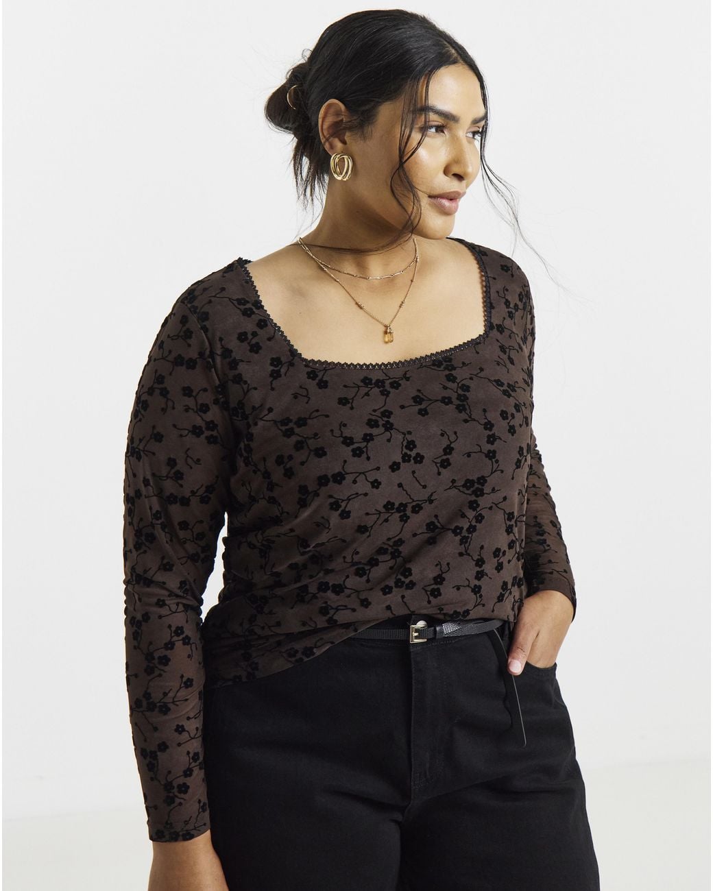 Simply Be Black Floral Flock Mesh Top