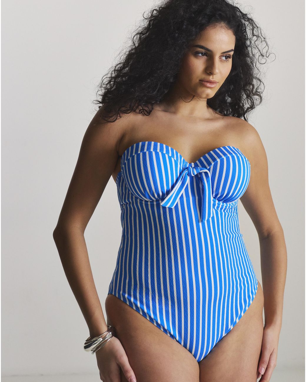 Figleaves Blue Bandeau Underwired Stripe Swimsuit
