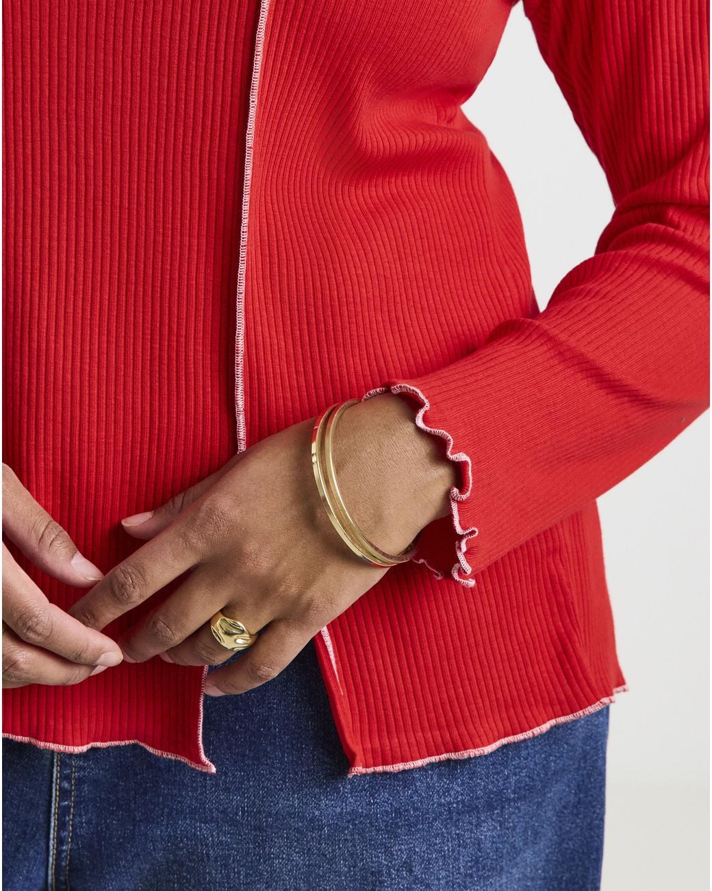 Simply Be Red Lettuce Edge Ls Top