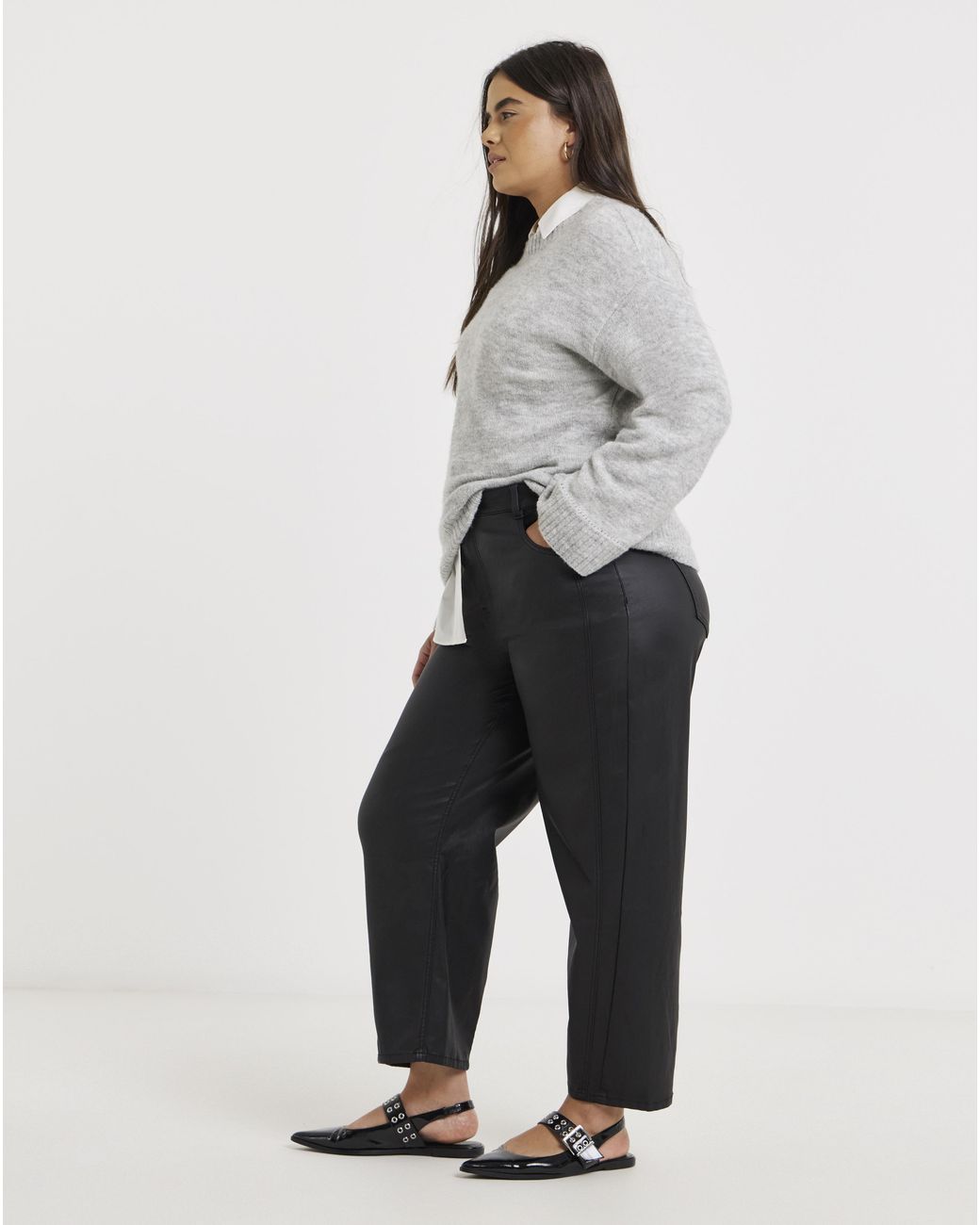 Simply Be Black Coated Barrel Leg Jeans